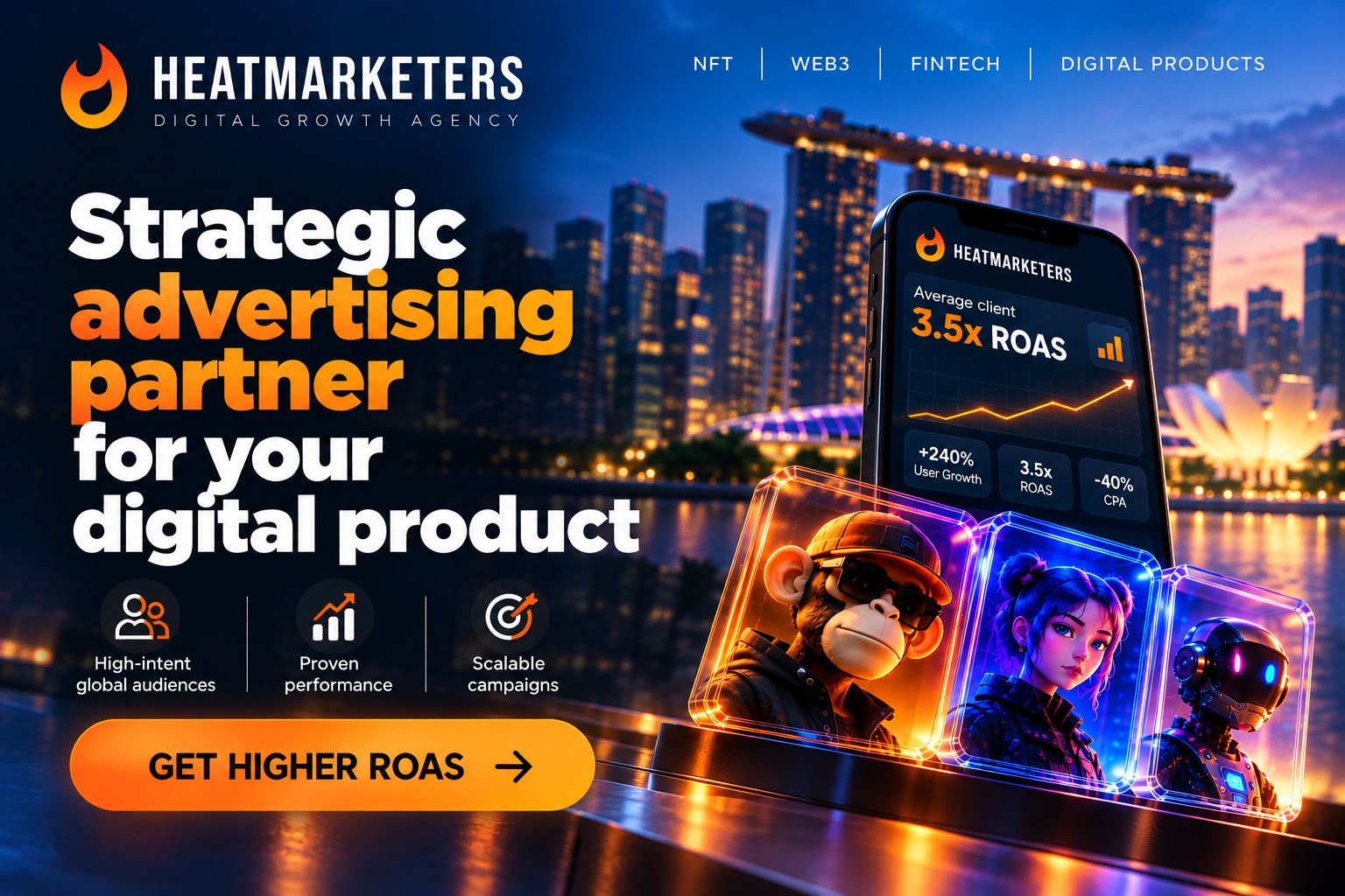 HeatMarketers - strategic advertising partner for your digital product: NFT, Web3, Fintech and Digital Products. Average client 3.5x ROAS.